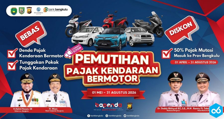 Kabar Gembira! Pemutihan Pajak Kendaraan Bengkulu 2026 Resmi Dibuka, Cek Syarat dan Jadwal Diskon Mutasi 50 Persen di Sini